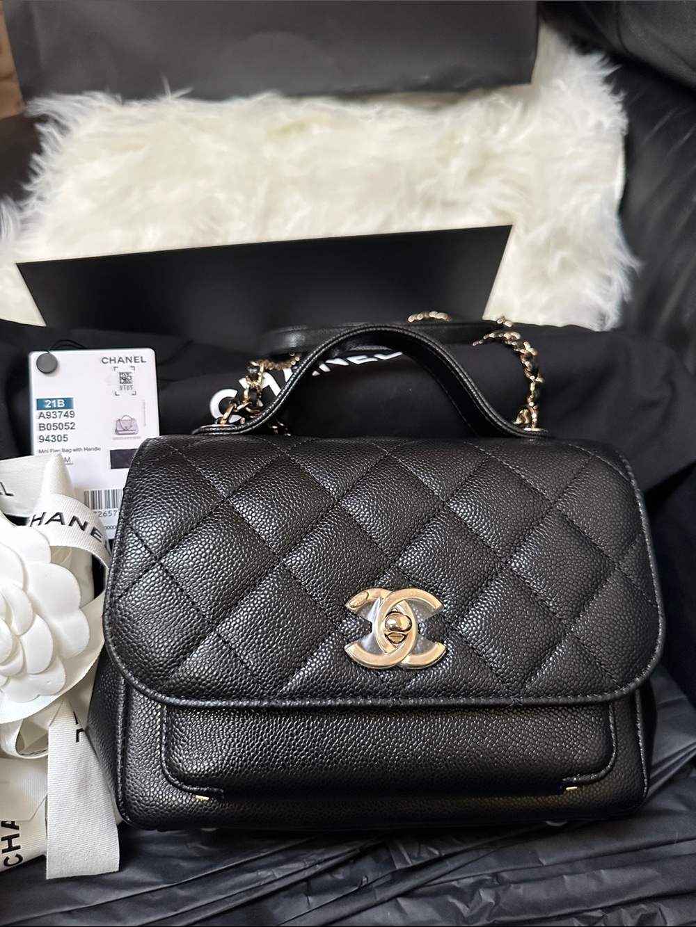 Authentic CHANEL Black Quilted Mini Top Handle Bag with Gold CC